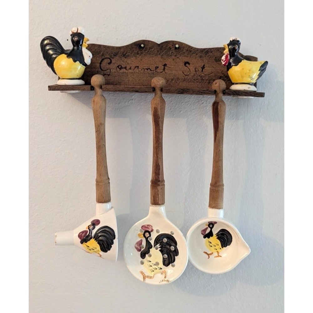 Vintage Thames Japan Rooster Ceramic Kitchen Utensil Gourmet Set Wall Rack 5 Pc